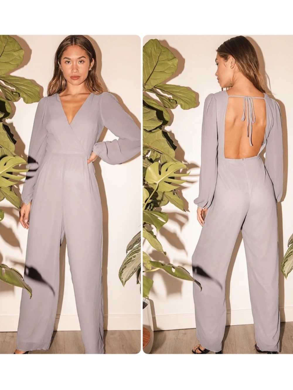 Lulu's Light Gray Open-Back Long Sleeve Jumpsuit